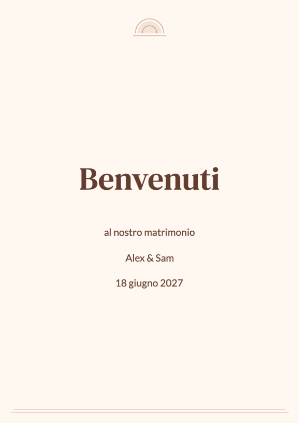 Tramonto terracotta: Archi ispirati al sole e bordi color terracotta con nomi in un font serif deciso.