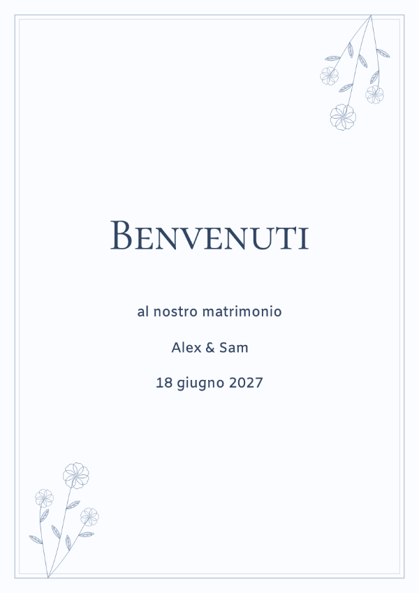 Un tocco di blu: Disegni floreali blu e una cornice delicata con eleganti caratteri maiuscoletti.