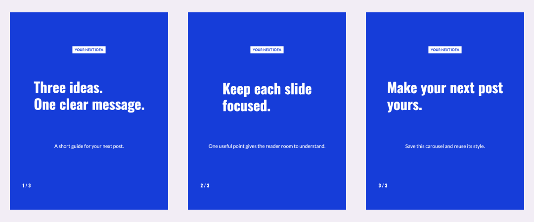 Opening, content and closing slides exported from the carousel editor