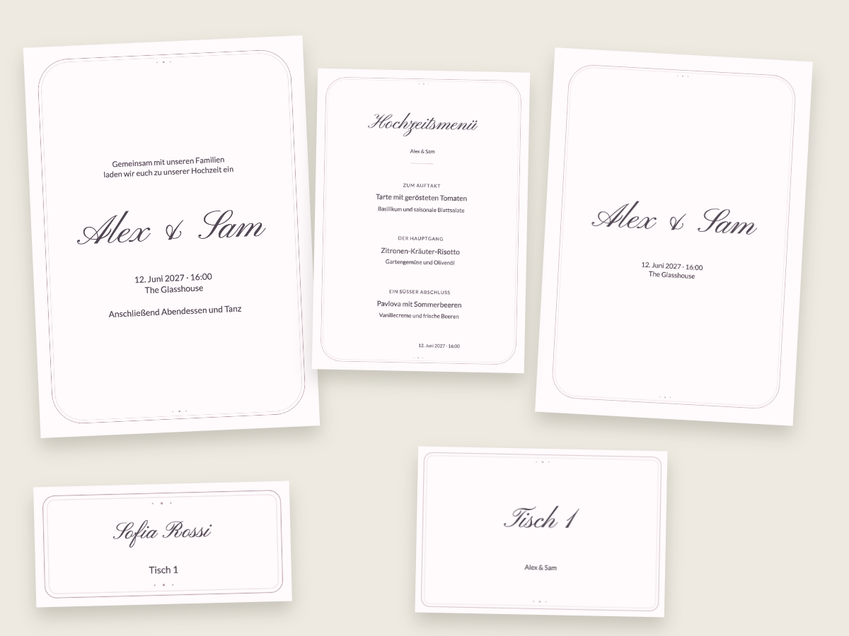 Hochzeitsdesign Perlenromantik mit Pinyon Script und Lato