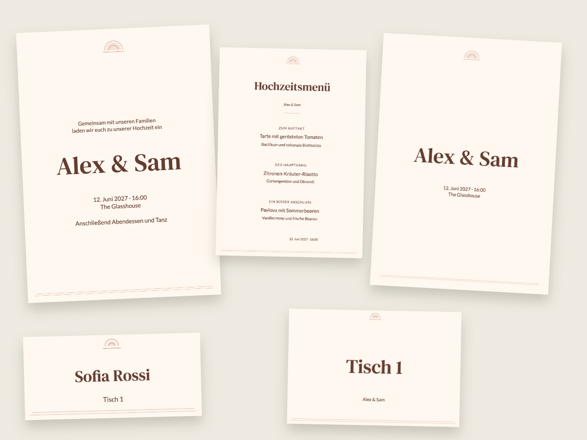 Hochzeitsdesign Terrakotta-Abendrot mit DM Serif Text und Lato