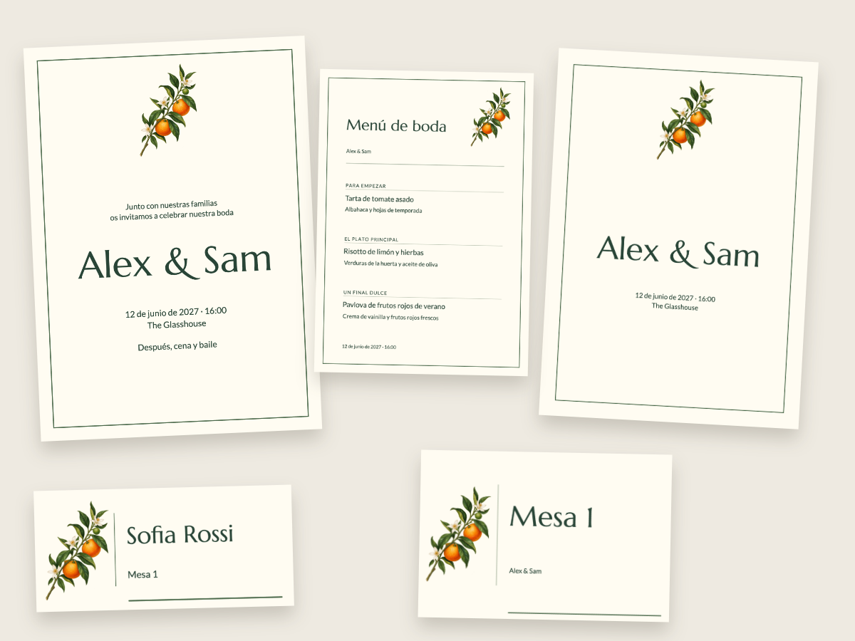 Un diseño de boda coordinado creado con estas herramientas editables