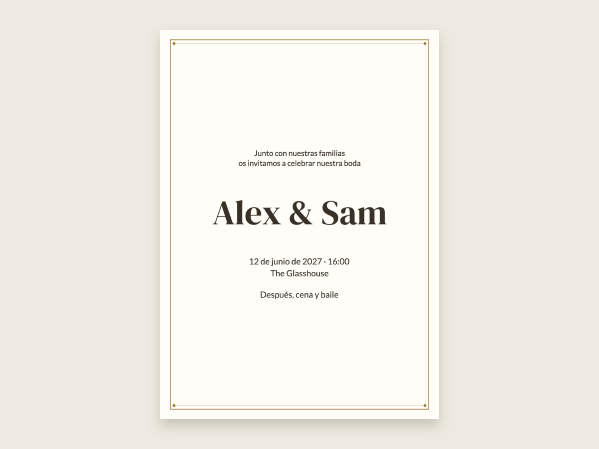 Diseño de boda Marfil clásico con DM Serif Display y Lato