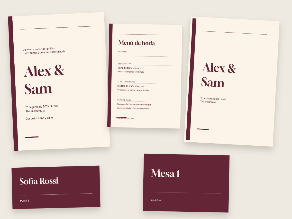 Diseño de boda Burdeos editorial con Gloock y Barlow
