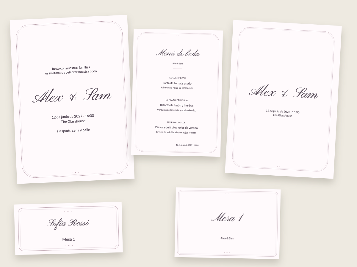 Diseño de boda Romance perlado con Pinyon Script y Lato