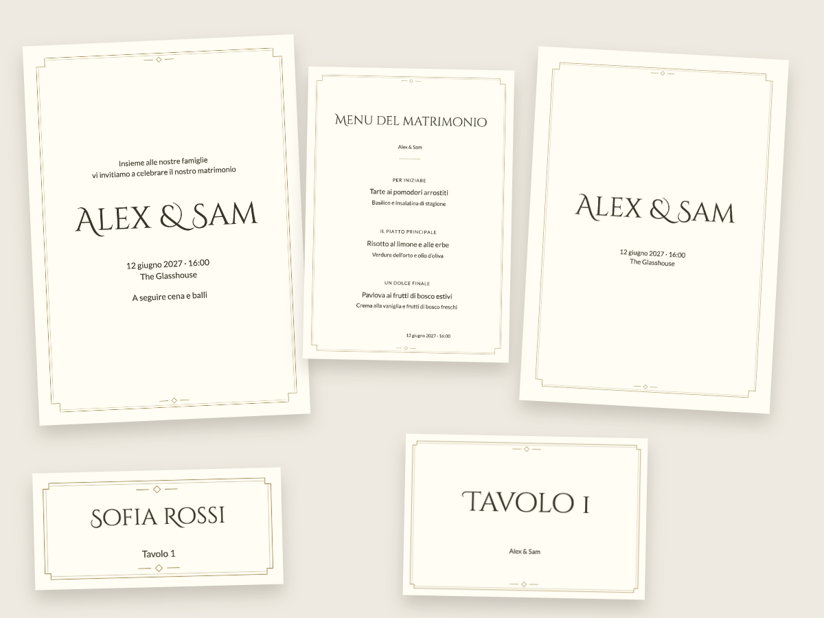 Design di matrimonio Déco champagne con Cinzel Decorative e Lato