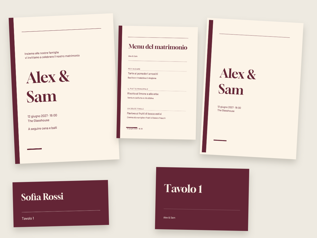 Design di matrimonio Editoriale bordeaux con Gloock e Barlow