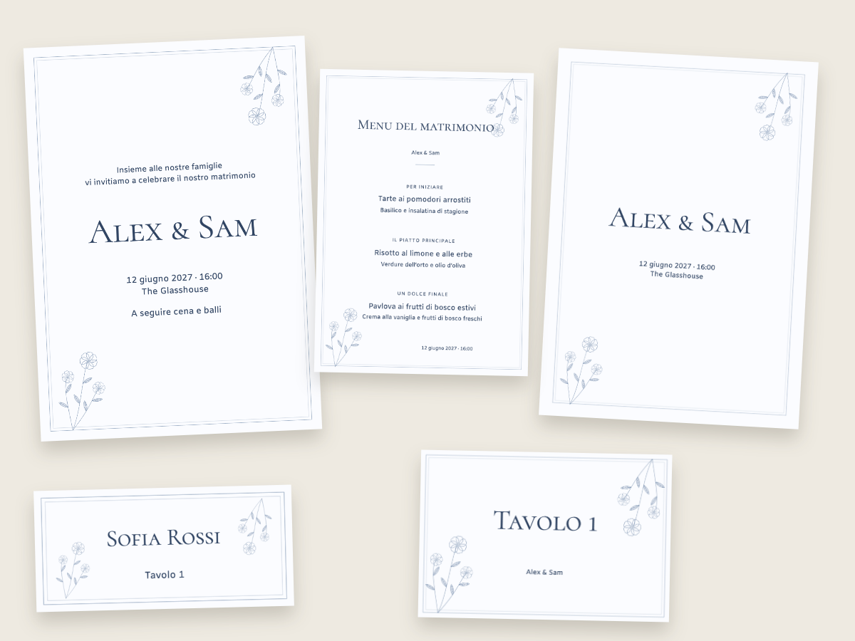 Design di matrimonio Un tocco di blu con Cormorant SC e Amiko
